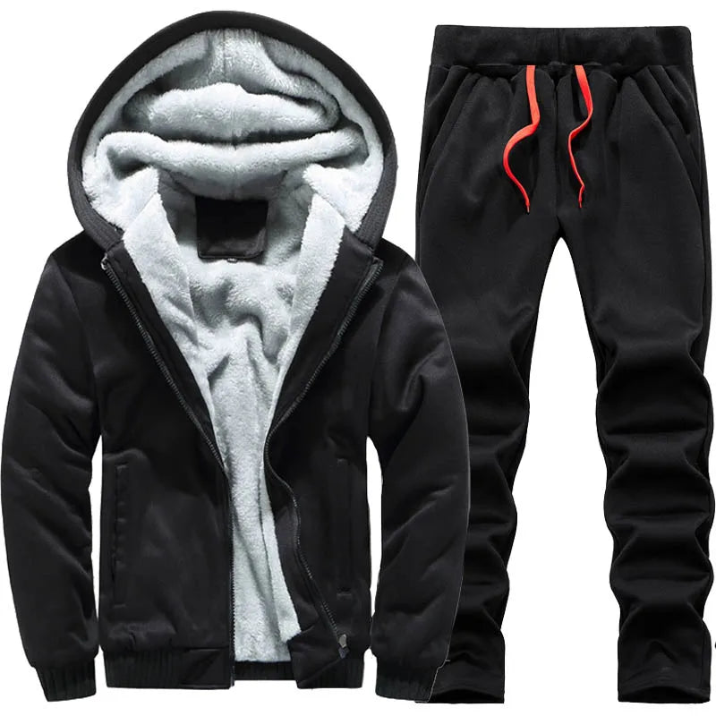 Men's Winter Jackets Thick Warm Jacket Brand Sportswear Coat Pants Solid Color Fleece Zipper Hooded Long Sleeved Male Outerwear