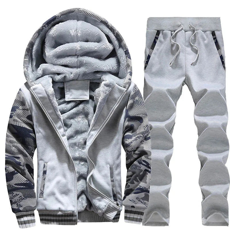 Men's Winter Jackets Thick Warm Jacket Brand Sportswear Coat Pants Solid Color Fleece Zipper Hooded Long Sleeved Male Outerwear