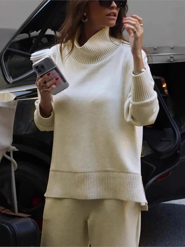 Women Autumn 2 Piece Set Casual Simple Solid Long Sleeve Turtleneck Pullover Top Loose Wide Legs Pants Sets 2026 Lady Outfit