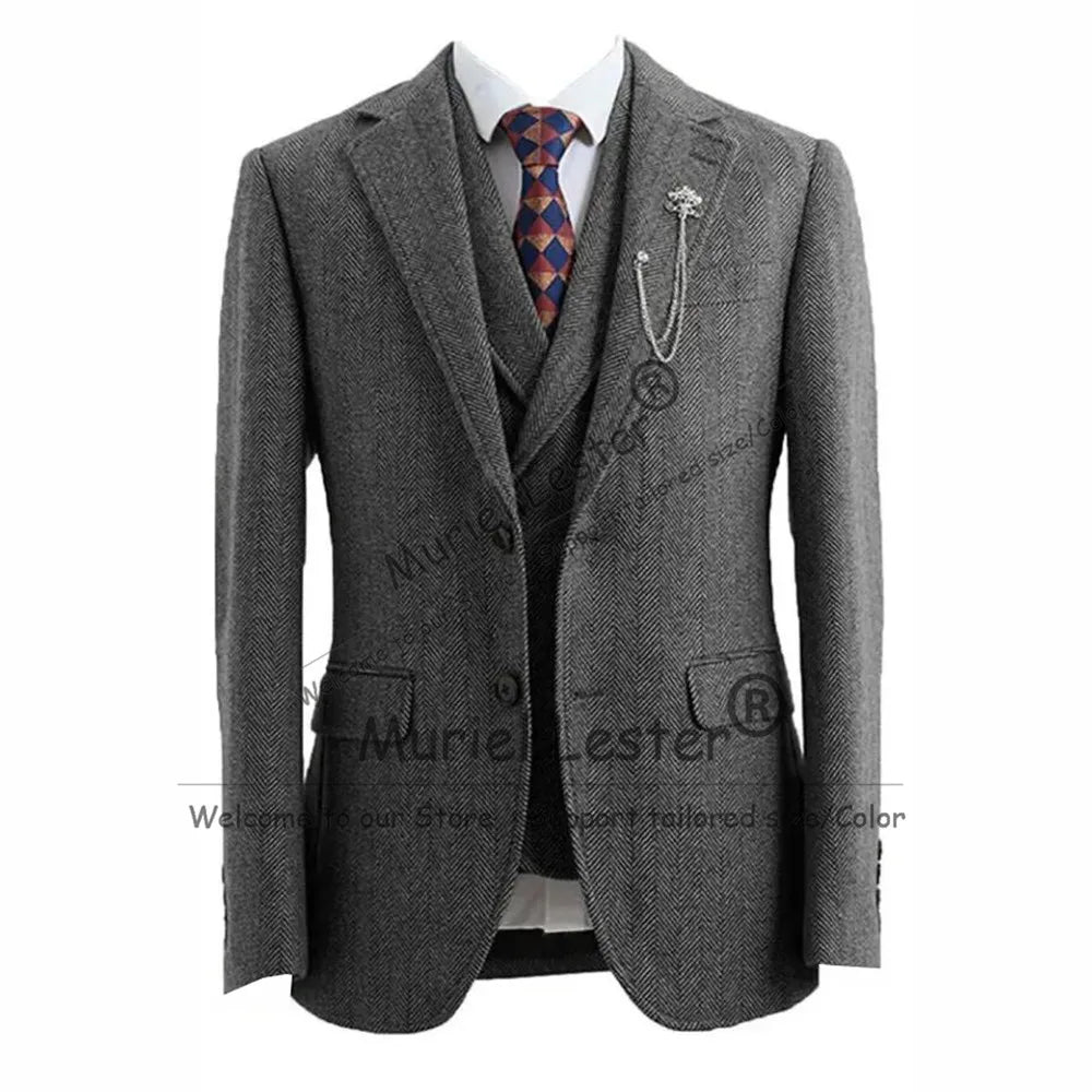 Classic Business Men's Suit Tweed Wool Herringbone Jacket Vest Pants 3 Piece Sets Man Party Tuxedo Attire Man Marriage Clothing