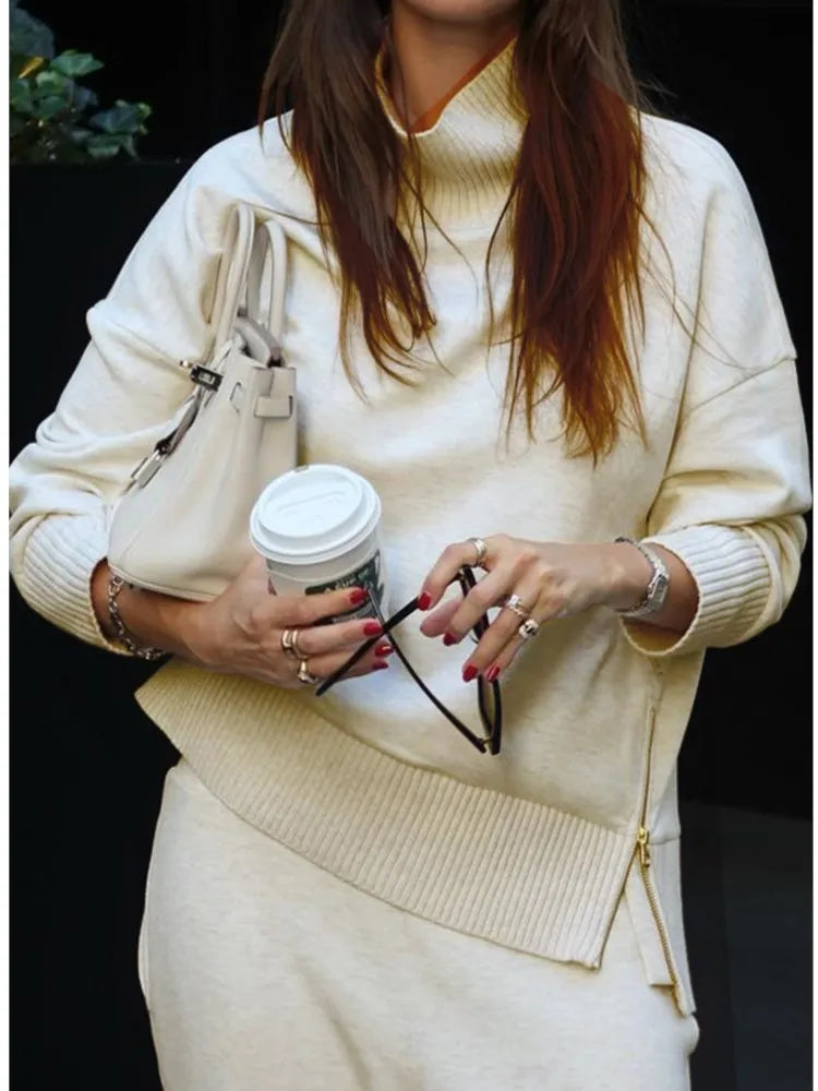 Women Autumn 2 Piece Set Casual Simple Solid Long Sleeve Turtleneck Pullover Top Loose Wide Legs Pants Sets 2026 Lady Outfit