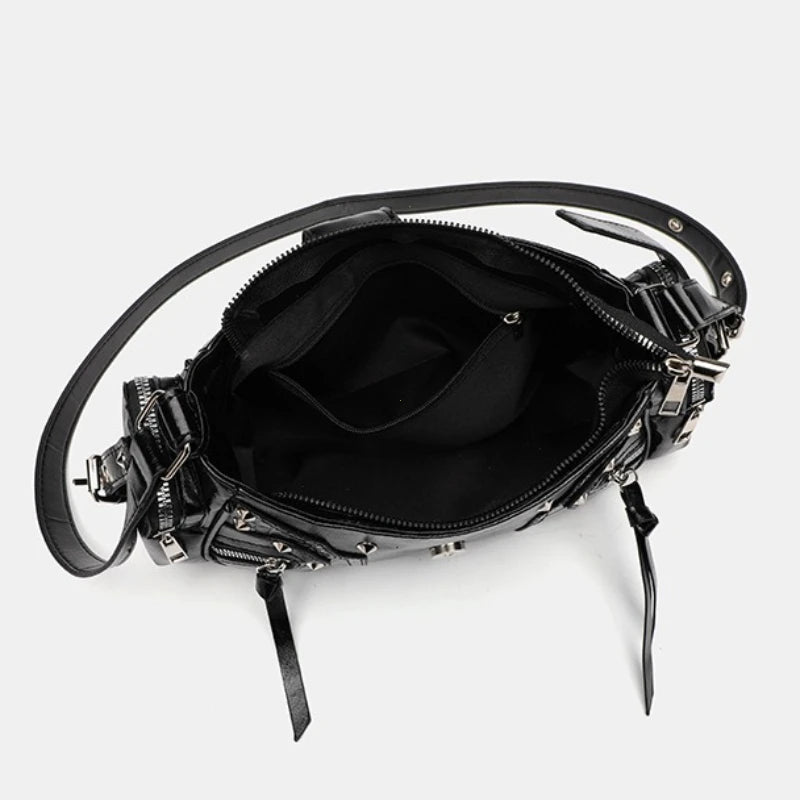 Women's Y2k Punk Vintage Shoulder Purse PU Leather Gothic Rivet Handbag Waist Bag Luxury Black Cross Body Bags with Spikes