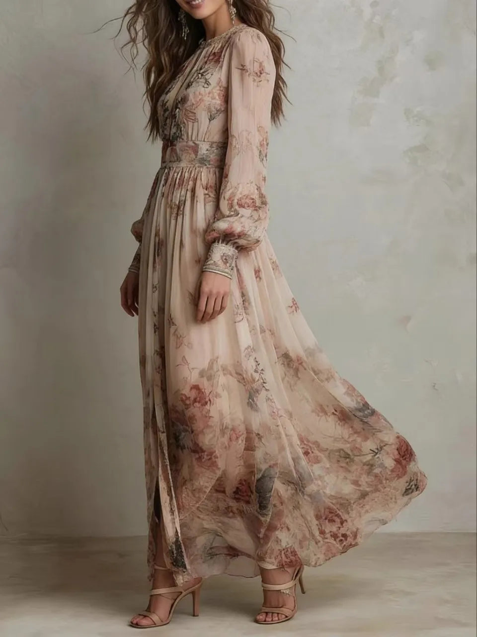 Vintage Floral Print High Waist Pleated Long Dress Woman Elegant O Neck Slim Party Dresses Spring Long Sleeve Boho Holiday Dress