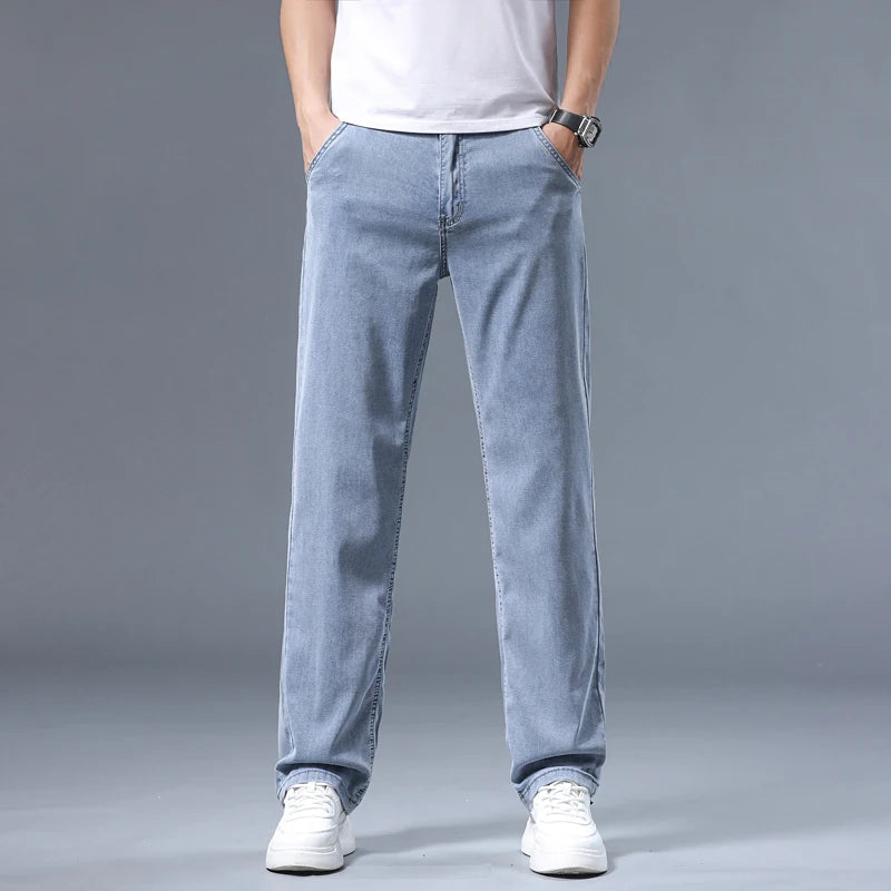 2026 Summer Ice Silk Thin Four Seasons Men's Jeans Loose Straight Wide Leg Pants