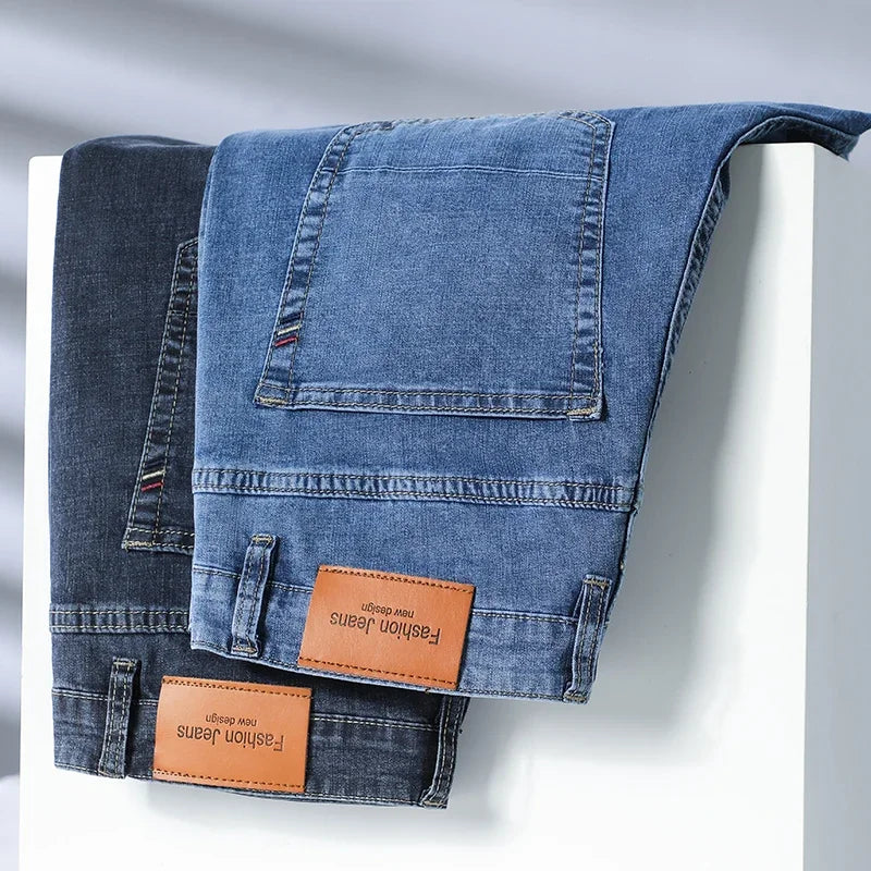 2026 Summer Thin Men's Cotton Jeans New Fashion Gray Elastic Straight Business Casual Pants Comfortable Brand Trousers
