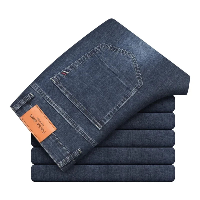 2026 Summer Thin Men's Cotton Jeans New Fashion Gray Elastic Straight Business Casual Pants Comfortable Brand Trousers