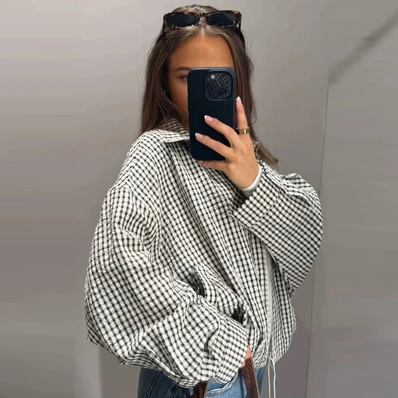 HXAO Plaid Bomber Jacket Women's Jacket Spring Autumn 2026 Crop Oversized Long Sleeve Top Casual Zipper Outerwear Outdoor Coats
