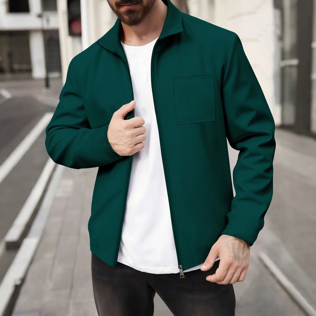 2026 Spring Autumn Men's Waffle Knitted Pocket Lapel Slim Fit Cardigan Jacket Youth Casual Streetwear Lightweight Outerwear