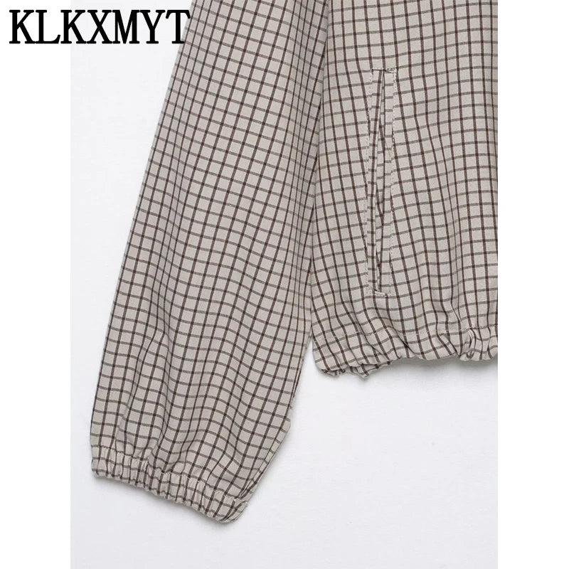 KLKXMYT Women Casual Plaid Hooded Jacket Chic Long Sleeve Drawstring Zipper Loose Short Jackets Top Lady Commute Street Coat