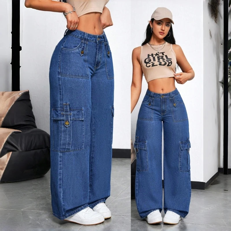 American Style Women's Loose Cargo Jeans 2026 Summer New Blue Multi-Pocket Wide Leg Casual Streetwear Denim Pants