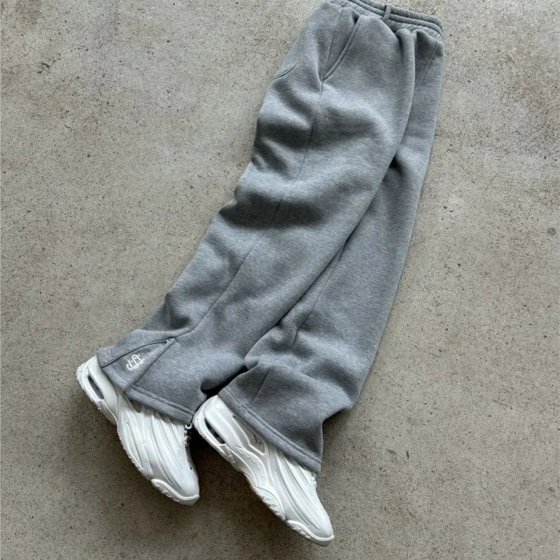 Retro Personalized Y2K Loose Straight Men's Tracksuit Pants with Leg Zipup Embroidery Hip Hop Harajuku Casual Men wide leg pants