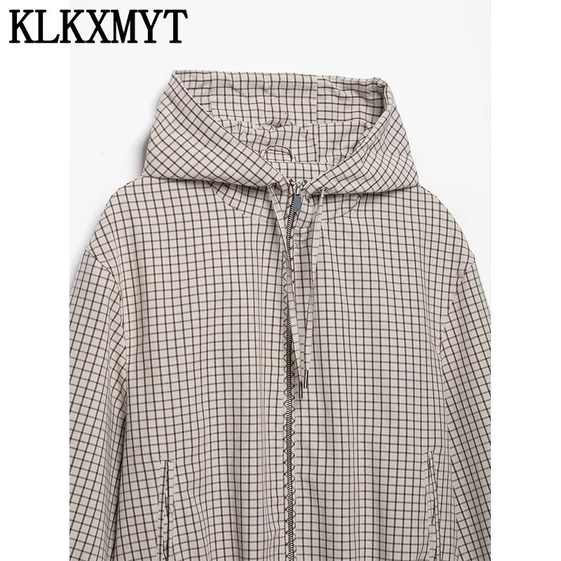 KLKXMYT Women Casual Plaid Hooded Jacket Chic Long Sleeve Drawstring Zipper Loose Short Jackets Top Lady Commute Street Coat