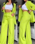 2024 Women Elegant Solid Suit Set, Lapel Blazer With Split Sleeve & Pockets, Straight Leg Pants Office Matching Outfit