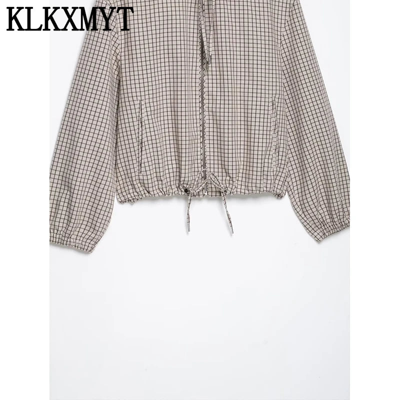 KLKXMYT Women Casual Plaid Hooded Jacket Chic Long Sleeve Drawstring Zipper Loose Short Jackets Top Lady Commute Street Coat