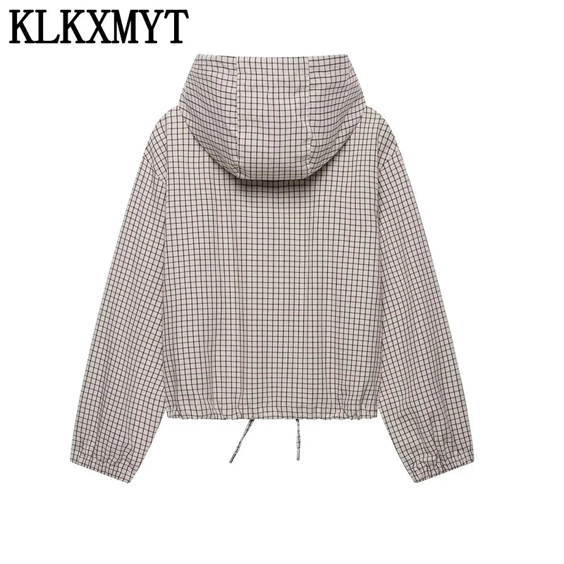 KLKXMYT Women Casual Plaid Hooded Jacket Chic Long Sleeve Drawstring Zipper Loose Short Jackets Top Lady Commute Street Coat