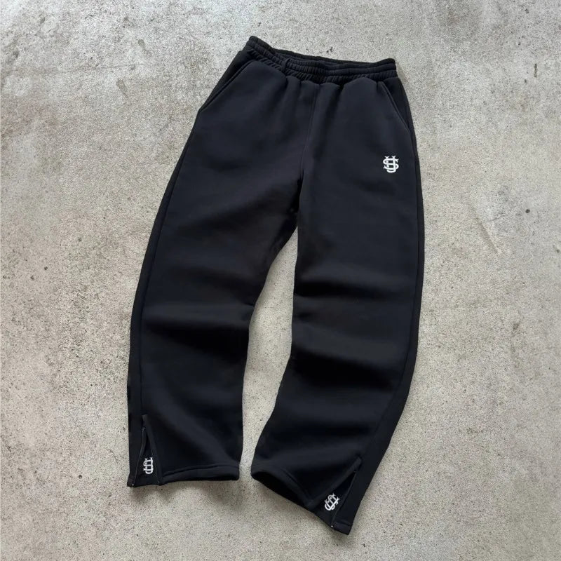 Retro Personalized Y2K Loose Straight Men's Tracksuit Pants with Leg Zipup Embroidery Hip Hop Harajuku Casual Men wide leg pants
