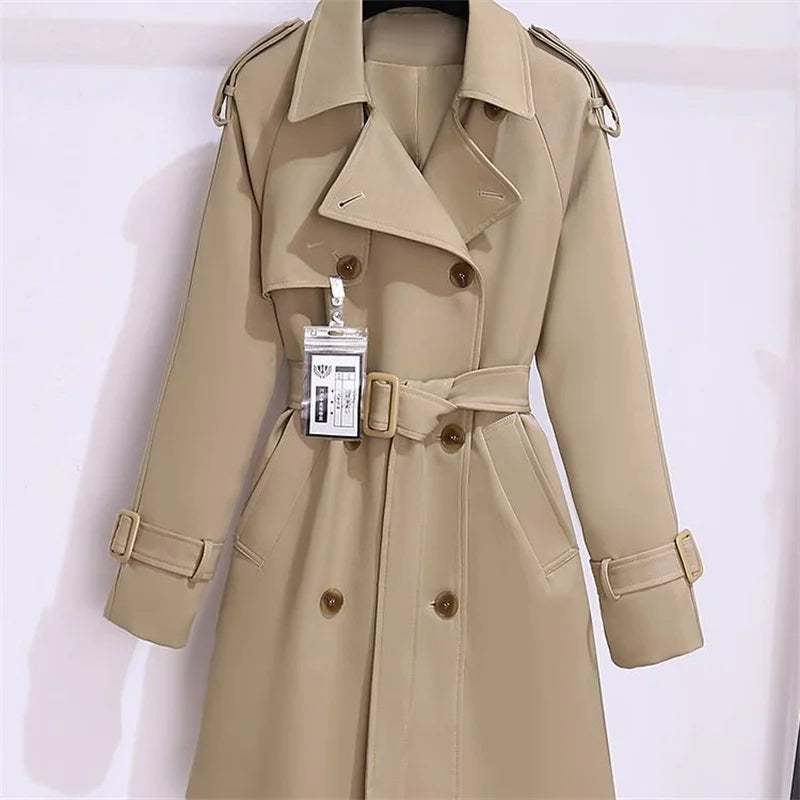 Windcoat Women's 2025 New Spring Autumn High-end Mid long Waist cinching Popular Outerwear Lace-Up Windbreaker Jacket With Belt