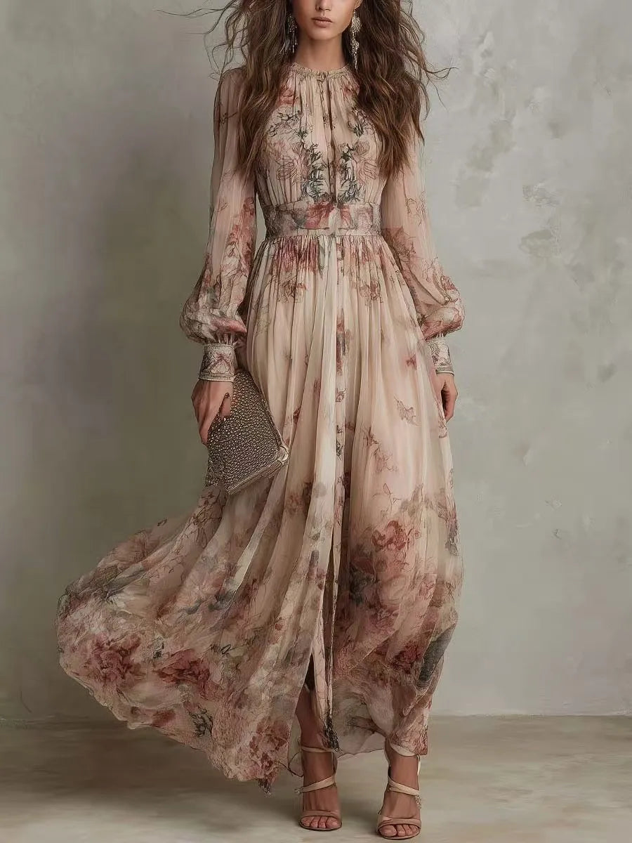 Vintage Floral Print High Waist Pleated Long Dress Woman Elegant O Neck Slim Party Dresses Spring Long Sleeve Boho Holiday Dress