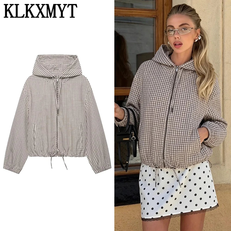 KLKXMYT Women Casual Plaid Hooded Jacket Chic Long Sleeve Drawstring Zipper Loose Short Jackets Top Lady Commute Street Coat