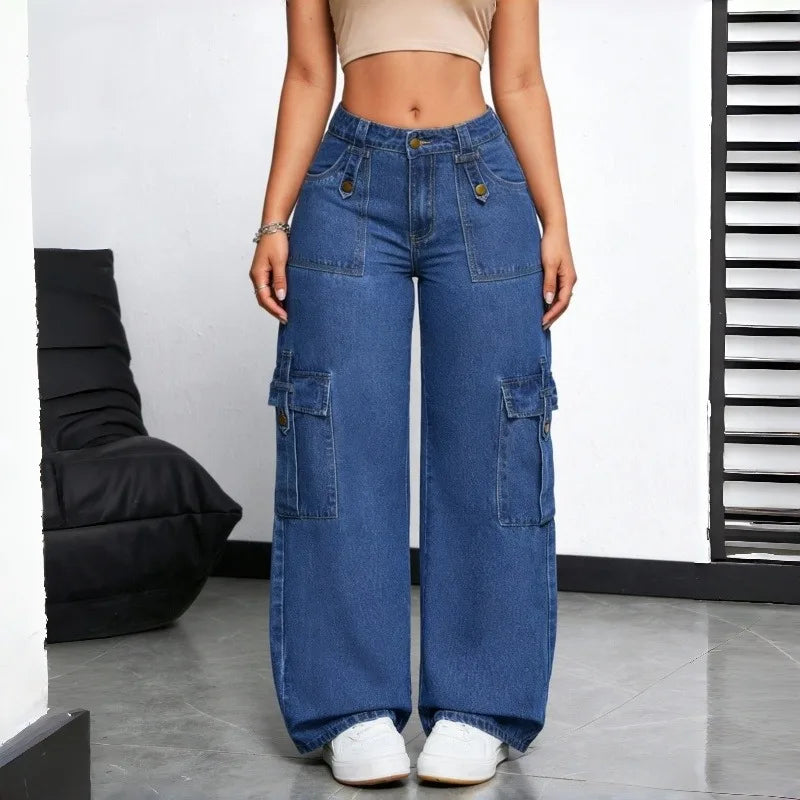 American Style Women's Loose Cargo Jeans 2026 Summer New Blue Multi-Pocket Wide Leg Casual Streetwear Denim Pants