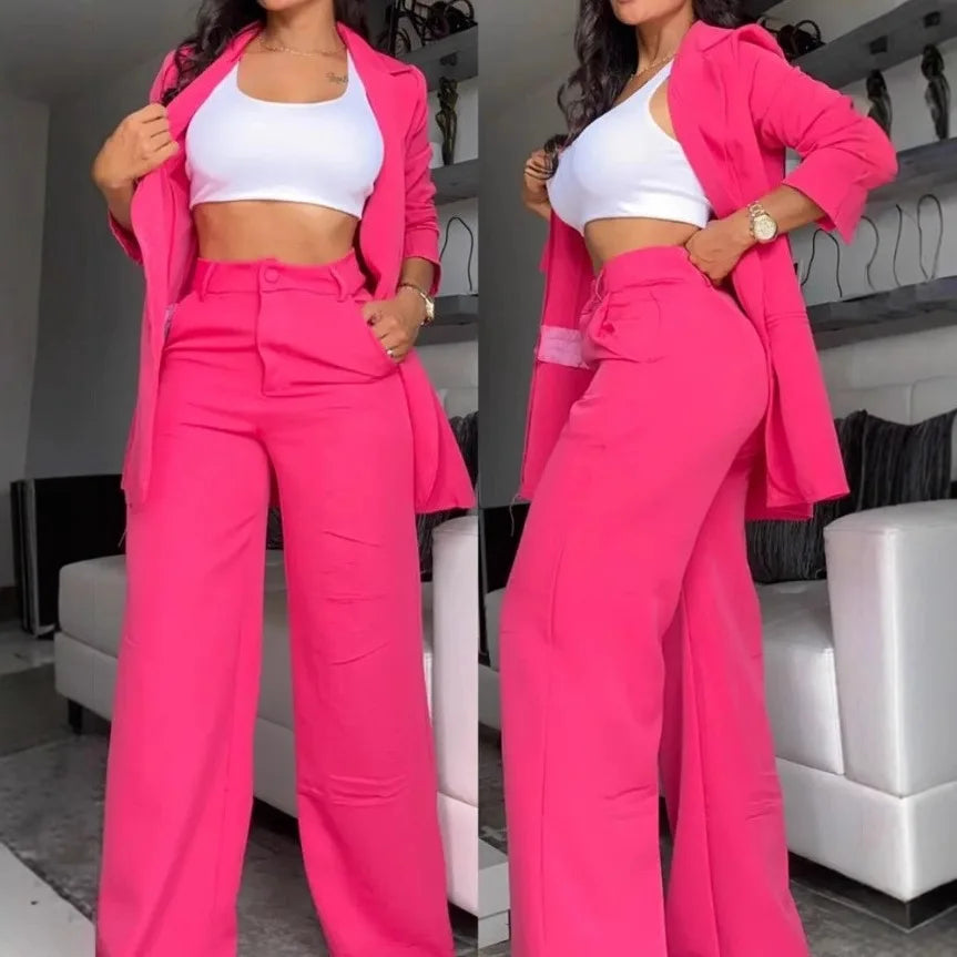 2024 Women Elegant Solid Suit Set, Lapel Blazer With Split Sleeve & Pockets, Straight Leg Pants Office Matching Outfit
