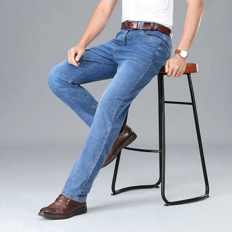 2026 Summer Thin Men's Cotton Jeans New Fashion Gray Elastic Straight Business Casual Pants Comfortable Brand Trousers