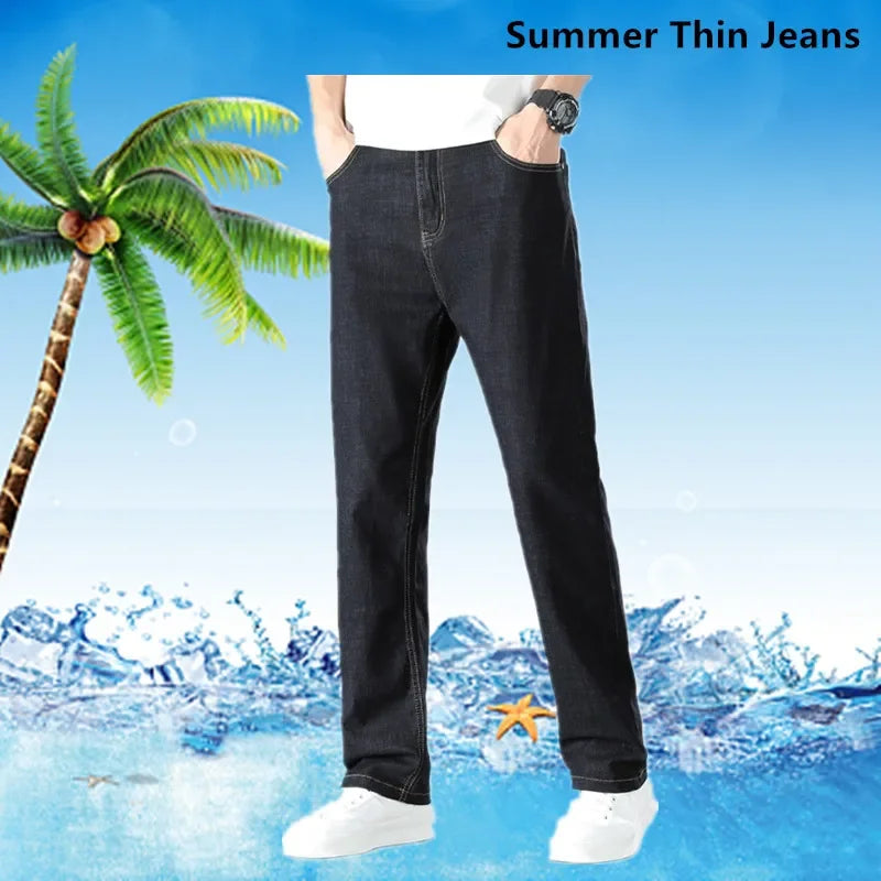 Plus Size Mens Jeans Summer  Extra Elastic Loose High waist Oversized 56 54 52 Denim Trousers Thick Autumn Father Straight Pants