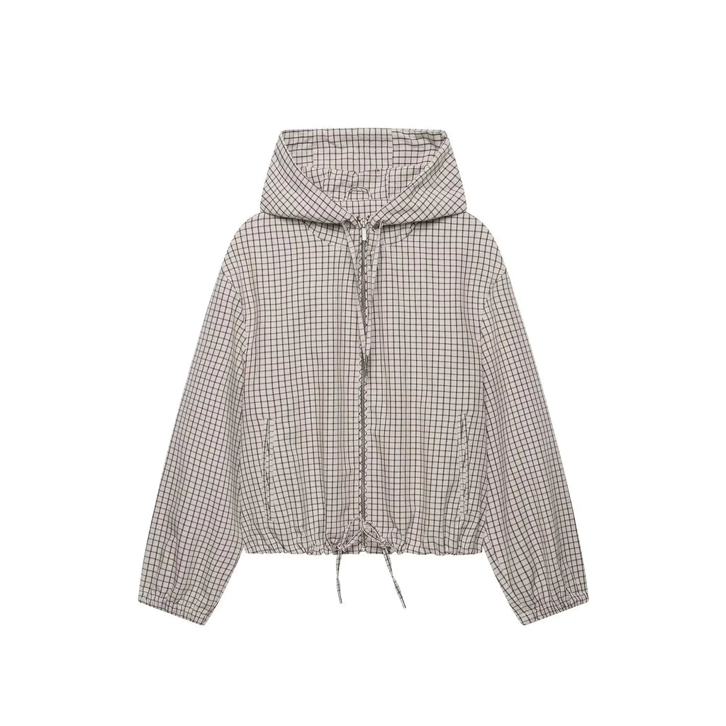 KLKXMYT Women Casual Plaid Hooded Jacket Chic Long Sleeve Drawstring Zipper Loose Short Jackets Top Lady Commute Street Coat