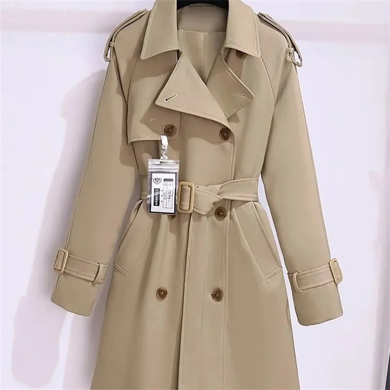 Windcoat Women's 2025 New Spring Autumn High-end Mid long Waist cinching Popular Outerwear Lace-Up Windbreaker Jacket With Belt