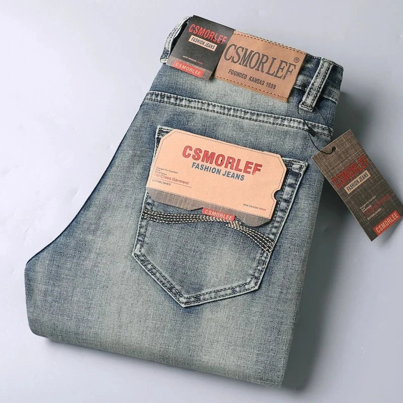 2026 Spring Summer Thin Jeans Classic Style Fashion Stretch Regular Fit Denim Trousers Male Brand Men's Washed Light Blue