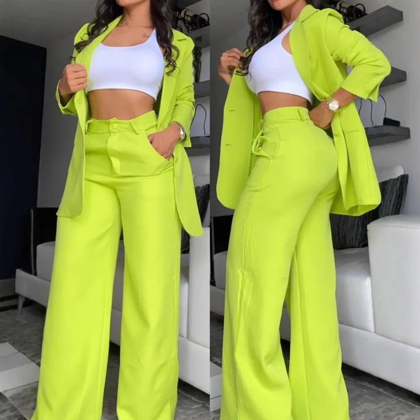 2024 Women Elegant Solid Suit Set, Lapel Blazer With Split Sleeve & Pockets, Straight Leg Pants Office Matching Outfit
