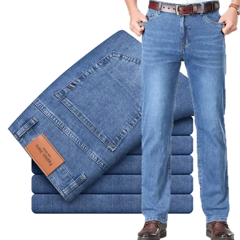 2026 Summer Thin Men's Cotton Jeans New Fashion Gray Elastic Straight Business Casual Pants Comfortable Brand Trousers