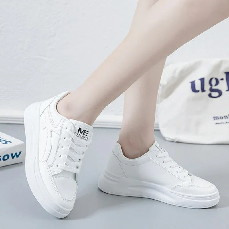 Women's Shoes Platform Sneakers Lace-Up Women Running Shoes Outdoor Breathable Tennis Shoes PU Leather White Casual Shoe 2025