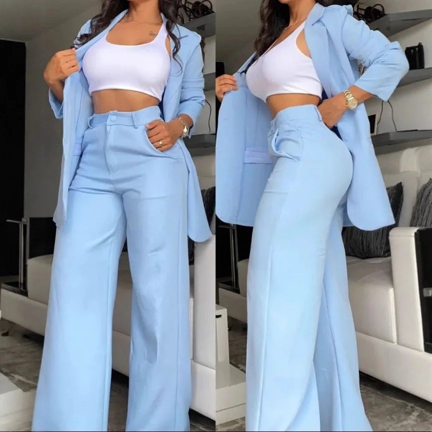 2024 Women Elegant Solid Suit Set, Lapel Blazer With Split Sleeve & Pockets, Straight Leg Pants Office Matching Outfit
