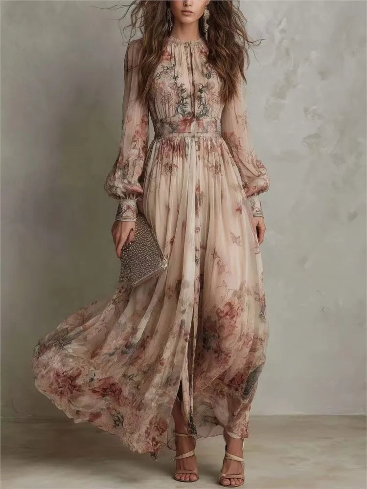 Vintage Floral Print High Waist Pleated Long Dress Woman Elegant O Neck Slim Party Dresses Spring Long Sleeve Boho Holiday Dress