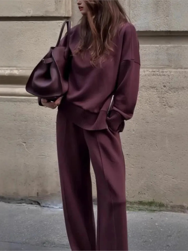 Women Autumn 2 Piece Set Casual Simple Solid Long Sleeve Turtleneck Pullover Top Loose Wide Legs Pants Sets 2026 Lady Outfit