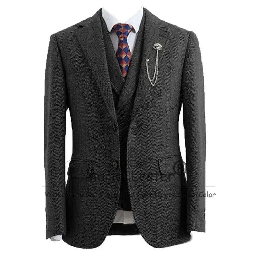 Classic Business Men's Suit Tweed Wool Herringbone Jacket Vest Pants 3 Piece Sets Man Party Tuxedo Attire Man Marriage Clothing