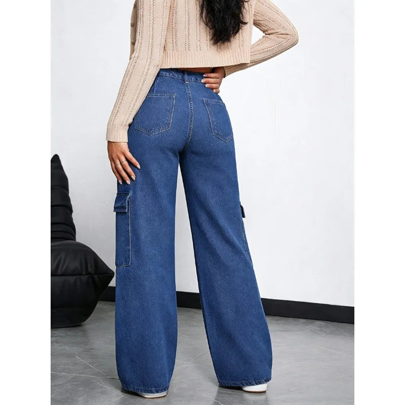 American Style Women's Loose Cargo Jeans 2026 Summer New Blue Multi-Pocket Wide Leg Casual Streetwear Denim Pants
