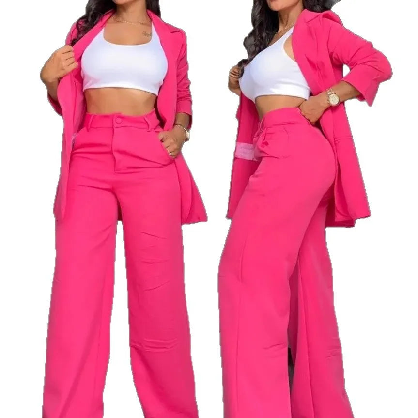 2024 Women Elegant Solid Suit Set, Lapel Blazer With Split Sleeve & Pockets, Straight Leg Pants Office Matching Outfit