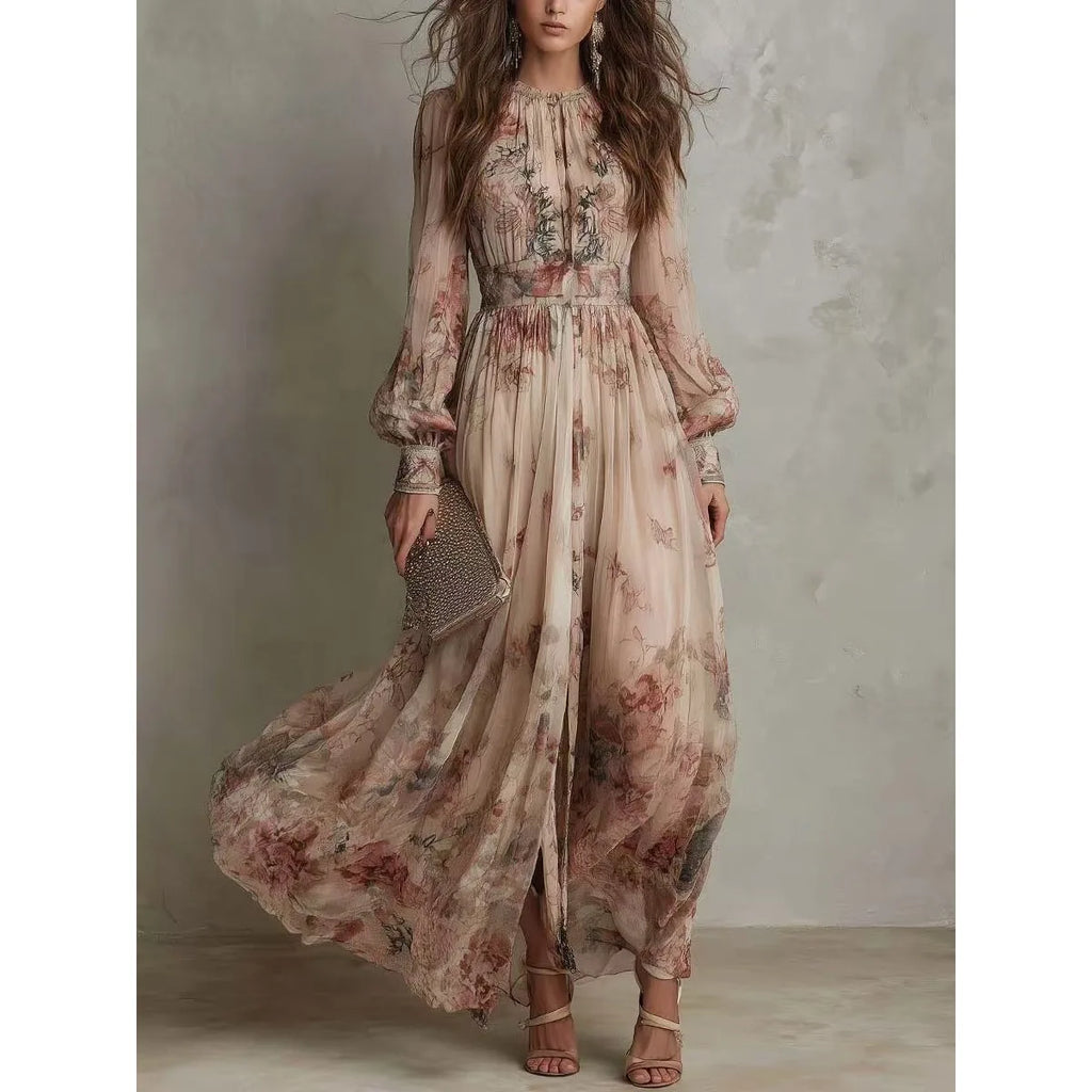 Vintage Floral Print High Waist Pleated Long Dress Woman Elegant O Neck Slim Party Dresses Spring Long Sleeve Boho Holiday Dress