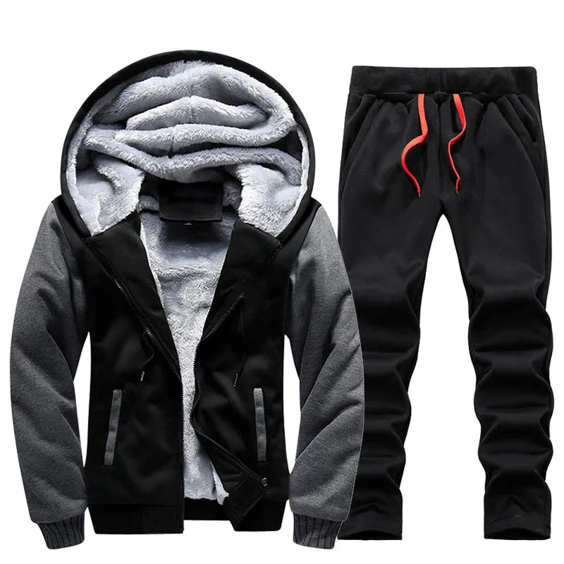 Men's Winter Jackets Thick Warm Jacket Brand Sportswear Coat Pants Solid Color Fleece Zipper Hooded Long Sleeved Male Outerwear