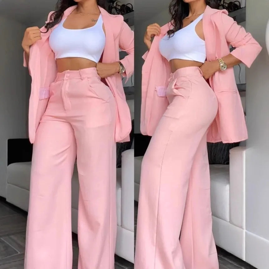 2024 Women Elegant Solid Suit Set, Lapel Blazer With Split Sleeve & Pockets, Straight Leg Pants Office Matching Outfit