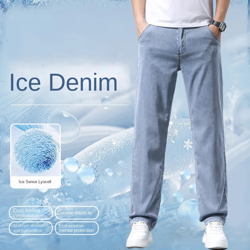 2026 Summer Ice Silk Thin Four Seasons Men's Jeans Loose Straight Wide Leg Pants