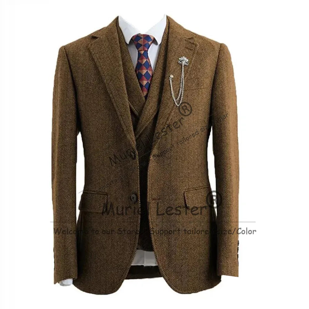 Classic Business Men's Suit Tweed Wool Herringbone Jacket Vest Pants 3 Piece Sets Man Party Tuxedo Attire Man Marriage Clothing