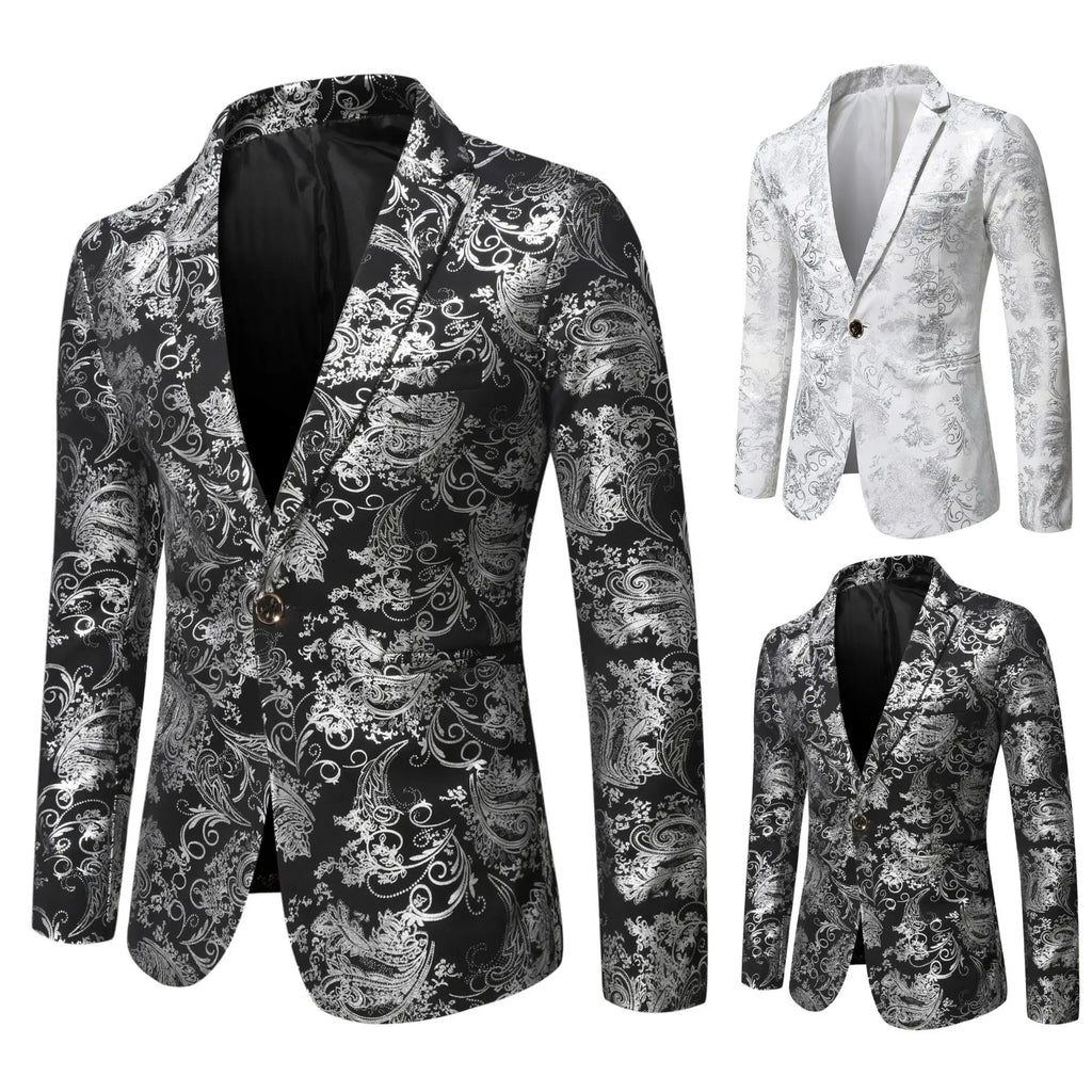 Men's Slim Fit Print Blazer Jacket 2025 Fashion Handsome Business Casual Silver Stage Show Suit Small Menswear